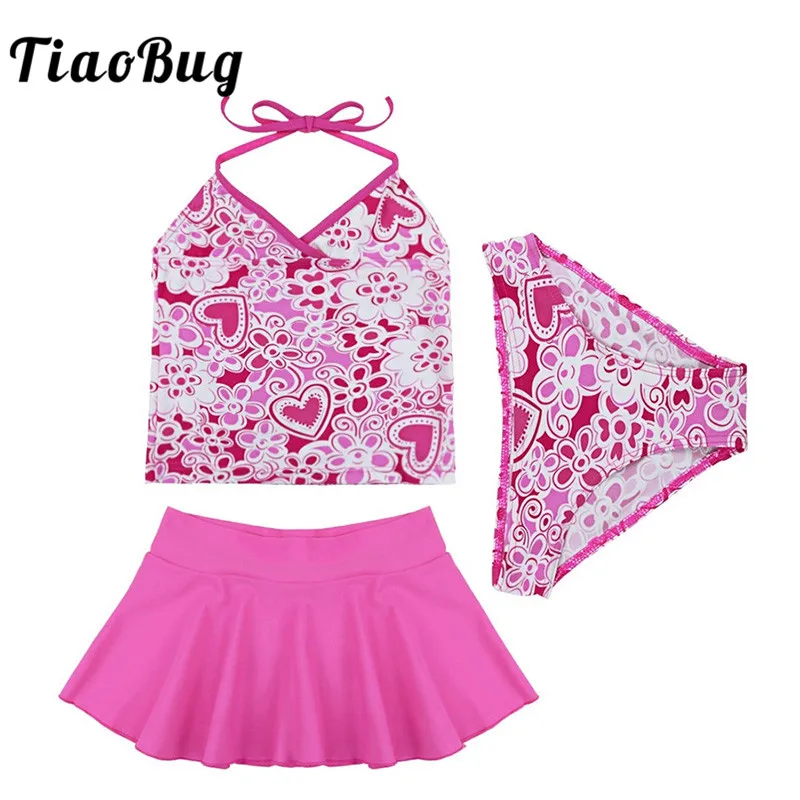 

TiaoBug Kids Teens Hot Pink Halter Swim Tops with Briefs Skirt Bikini Set Girls Beachwear Tankini Swimwear Swimsuit Bathing Suit