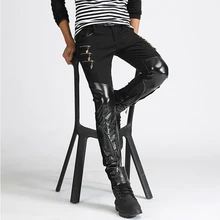 27-36! мужская кожаная Штаны, не мейнстрим хип-хоп Штаны лапка для вшивания молнии Узкие кожаные брюки больших размеров детской одежды и костюмы