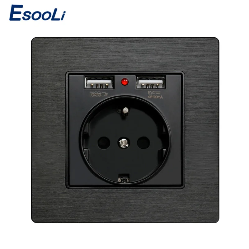 

Esooli Black Aluminum Metal Panel Dual USB Charging Port 2.1A 16A Russia Spain Wall Socket EU Power Outlet R8 Series