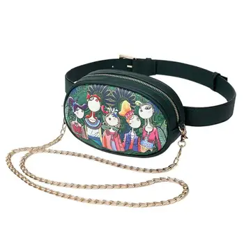 

PU Leather Women Retro Printed Waist Packs Fanny Belt Pouch Girls Chain Shoulder Crossbody Messenger Bags retro bag women