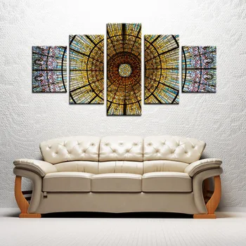 

Jesus Pattern Colored Window Flowers in the Church Home Decor Canvas Print 5 Panels Wall Art Painting for Dining Room Wall Decor