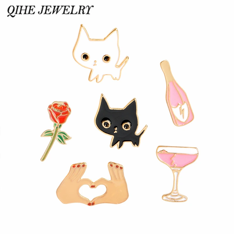 

QIHE JEWELRY Champagne Coupe Saucer Rose Flower Heart Shape White Cat Black Cat Lapel Pins Animal Brooch