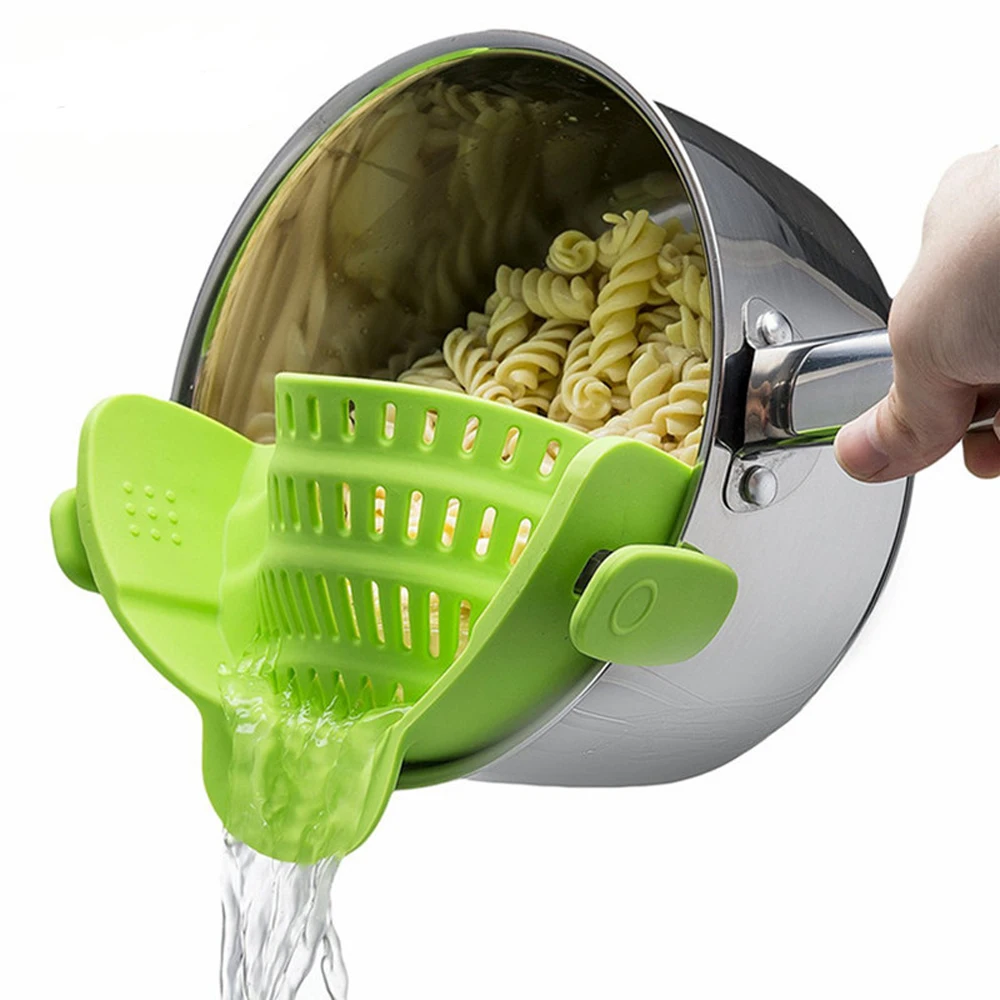 

Silicone Kitchen Strainer Clip Pan Drain Rack Bowl Funnel Rice Pasta Vegetable Washing Colander Draining Excess Colander