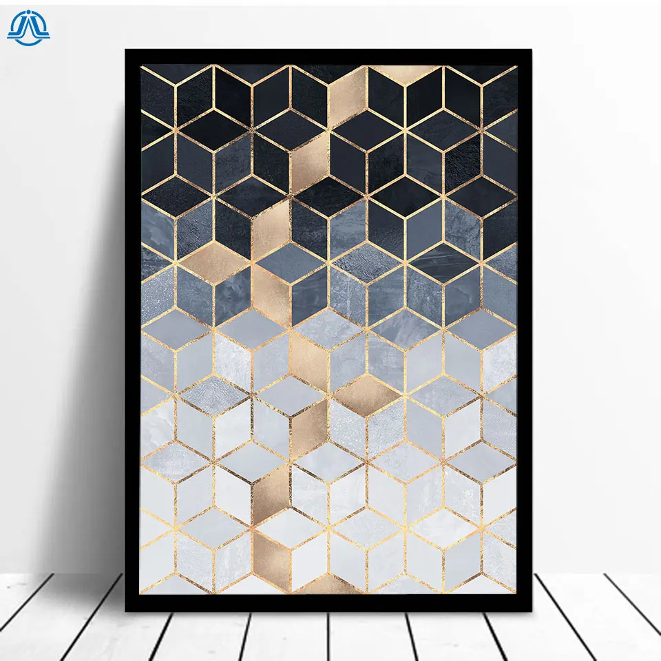 

Nordic Abstract Geometric Cube Canvas Painting Gold Line Art Posters and Prints Wall Pictures for Living Room Home Decorative