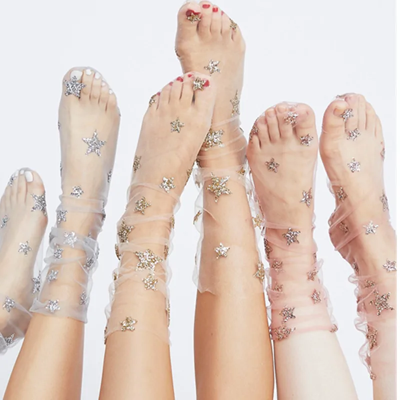 Harajuku шикарные женские блестящие носки со звездами, женские прозрачные сетчатые золотые и Серебристые блестящие носки со звездами, женские ажурные носки, чулочно-носочные изделия