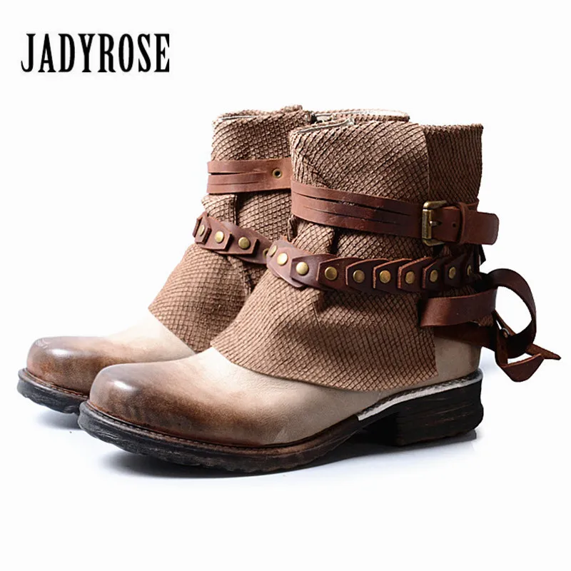 

Jady Rose British Women Genuine Leather Ankle Boots Straps Punk Style Rubber Short Booties Side Zipper Female Flat Riding Boot