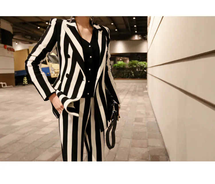 Женский приталенный комплект из 2 предметов в черно-белую полоску, блейзер с широкими плечами+ брюки, новинка весны, повседневный элегантный OL, лидер продаж, S84307F - Цвет: Black-White Stripe