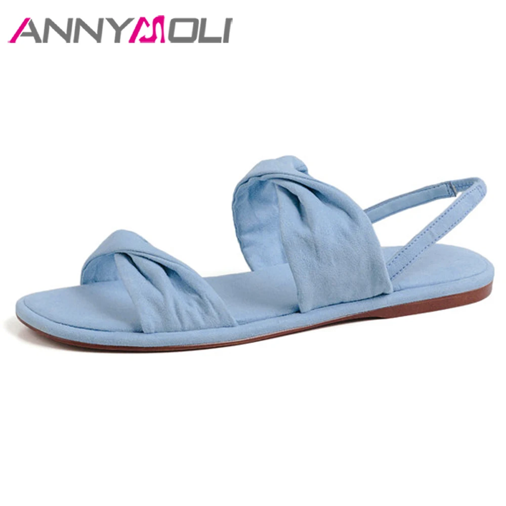 

ANNYMOLI Shoes Women Slippers Flat Summer Sandals Kid Suede Comfortable Shoes Spring Lady Sweet Sandals 2019 Blue Pink Size 40
