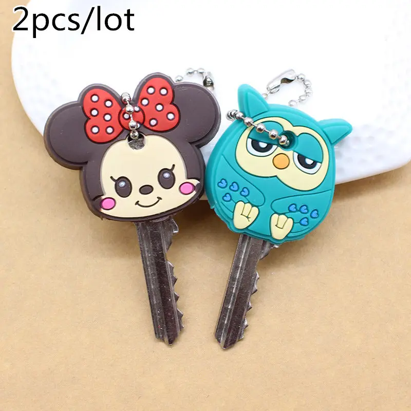 

2PCS Cartoon keychain Anime Cute mickey stitch Bear Silicone key cover Hello Kitty owl porte clef cap minne key chain protect
