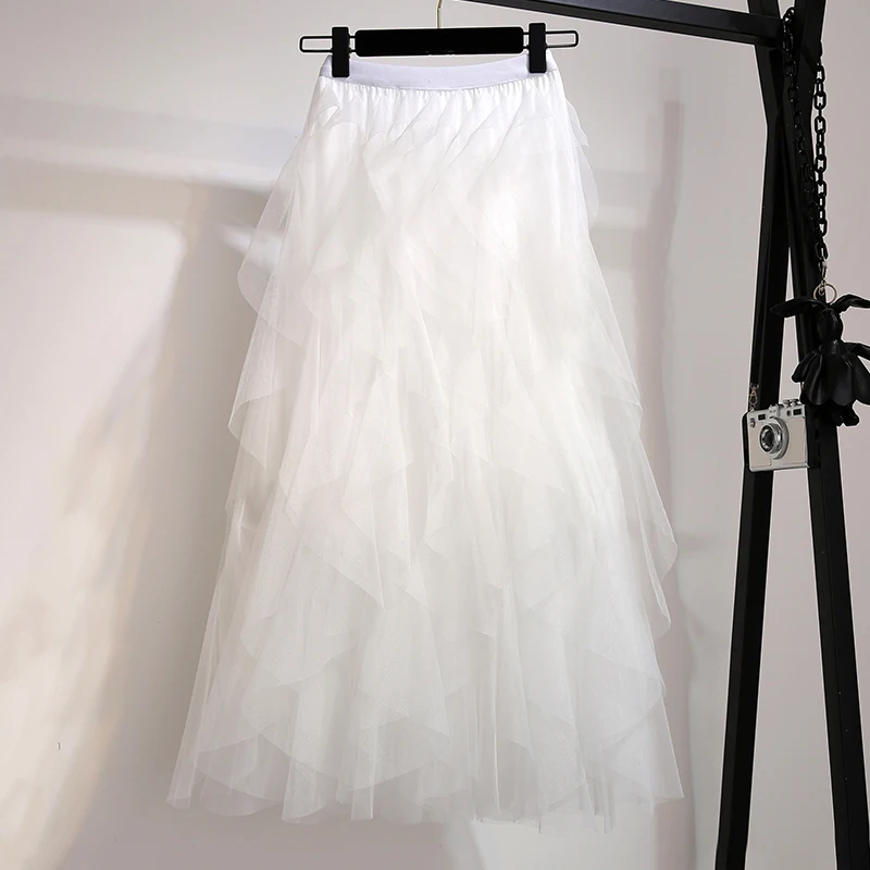 Флектит стиль Лолита Многоуровневая Тюлевая юбка макси эластичная талия водопад юбка-пачка с рюшами Длинные вечерние юбки для женщин - Цвет: Белый