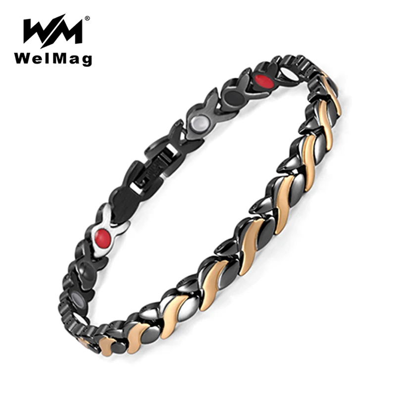 

WelMag Healing Magnetic Bracelet for Women Stainless Steel Fish Special Design with 4 Elements Black Gold Wrist Band Magnetic