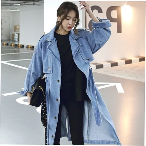 2017 Marée Denim Lâche Femmes Tranchée Printemps Manteau Grande Long Trench Ceinture Taille Fixer Nouvelle OZkXuPiT