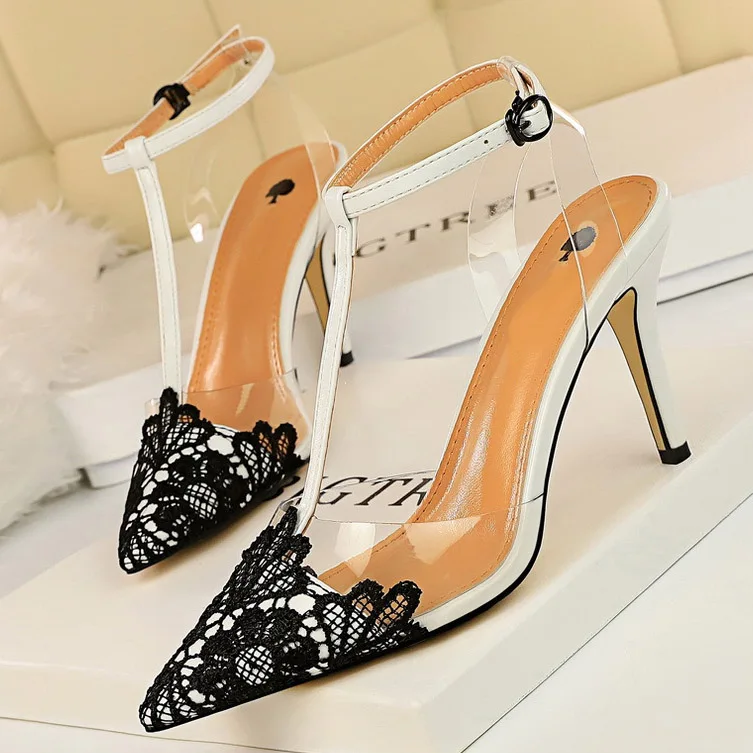 Свадебная обувь на шнуровке; женская обувь на высоком каблуке; прозрачные босоножки; женская летняя обувь; пикантная женская обувь на тонком каблуке; salto alto feminino - Цвет: White