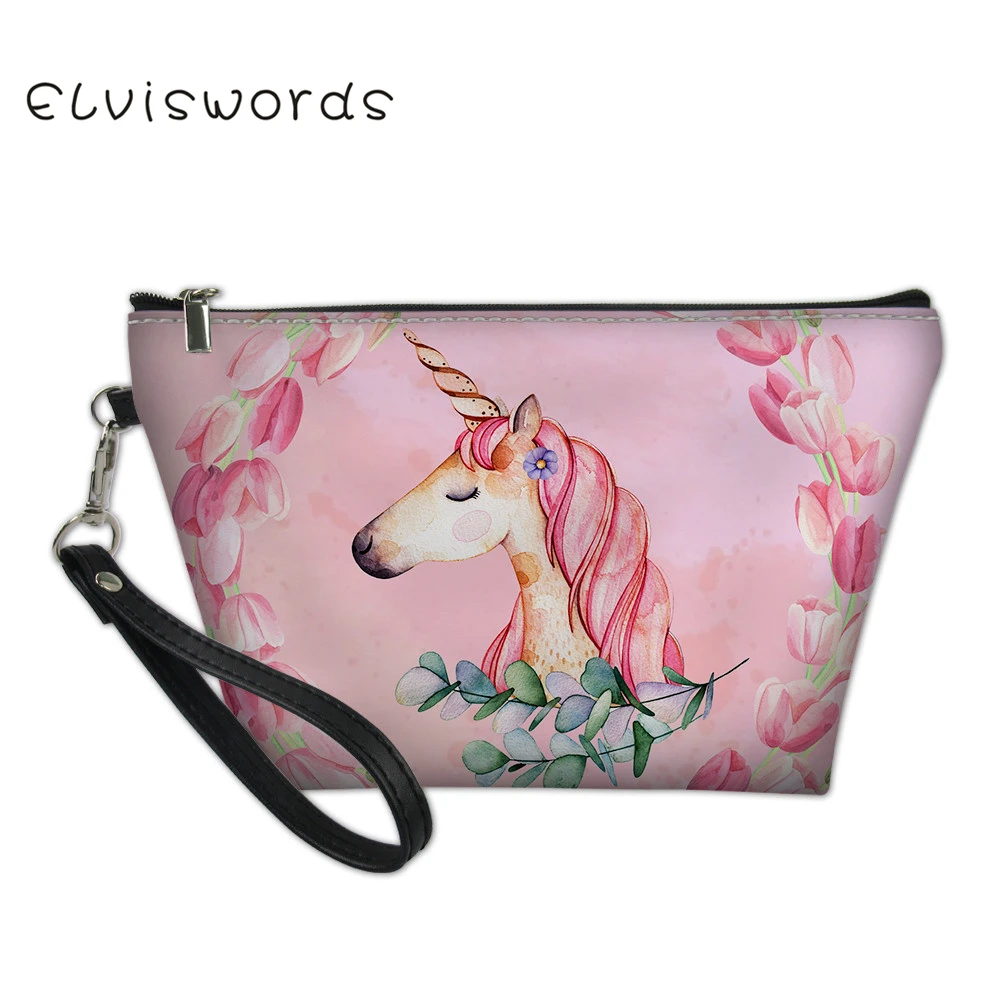 

ELVISWORDS Unicorn Printed Cosmetic Bag Women Fashion Leather Makeup cases Necessaries Pouch Lady Toiletry Organizer Kit