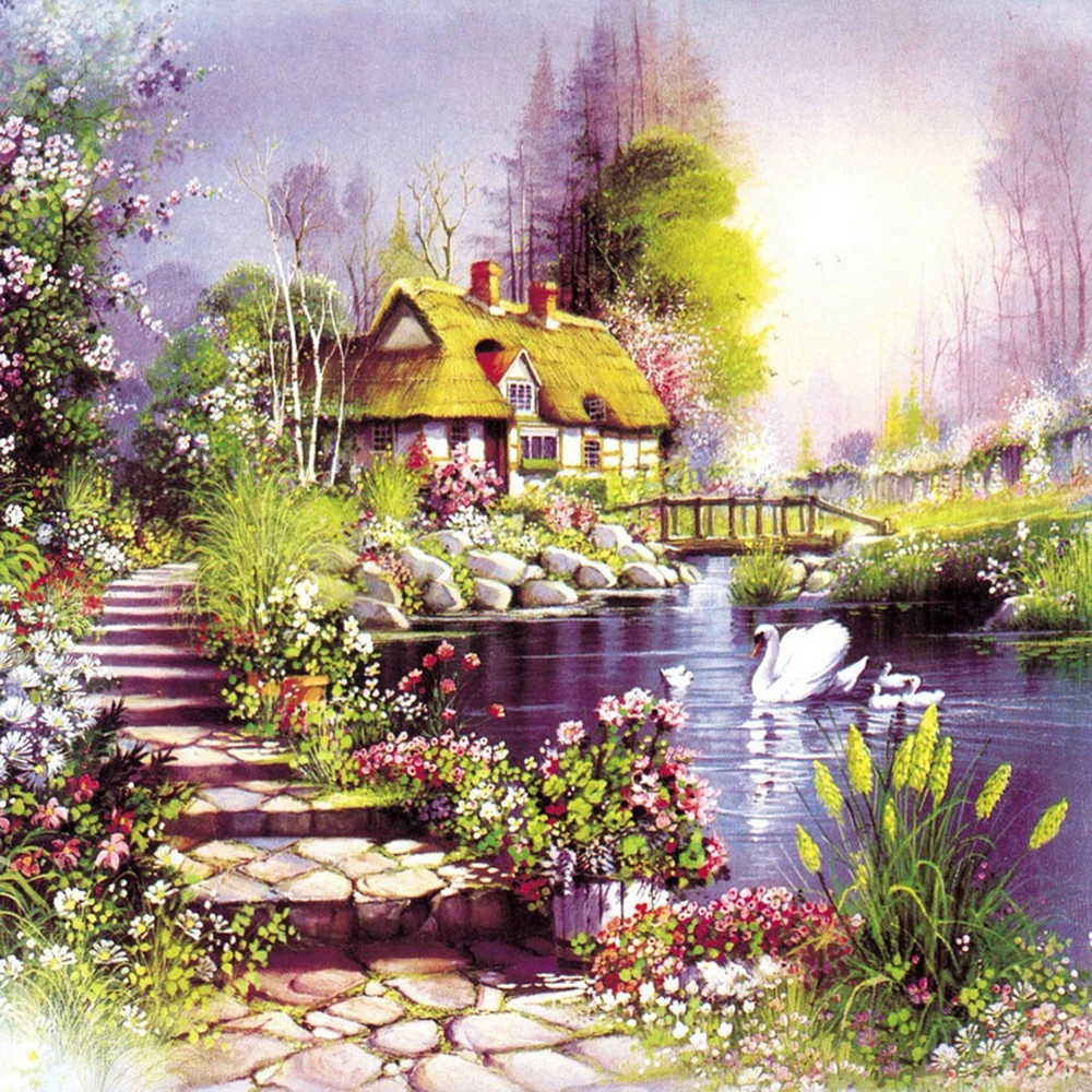 Needlework Embroidery 5D DIY Diamond Painting Cottage Villa Square Picture Cross Stitch Round Rhinestone Room Decoration Art