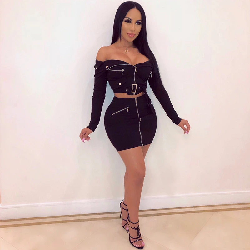 

Fashion Off Shoulder Two Piece Set Bandage Long Sleeve Top And Skirt Sets Summer Bodycon Dress Sets 2 Piece Set Women Outfits