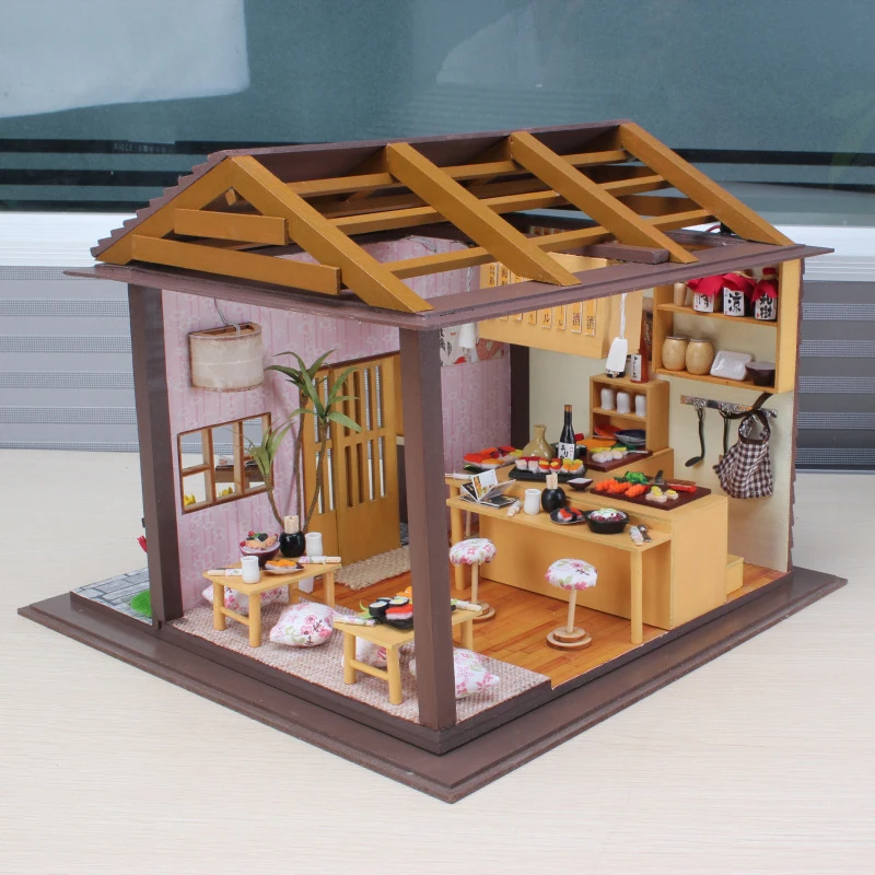 

DIY DollHouse Miniature With Furnitures 3D Wooden Doll House Handmade Creative Toys Gift Sakura Sushi Restaurant 13827 #E