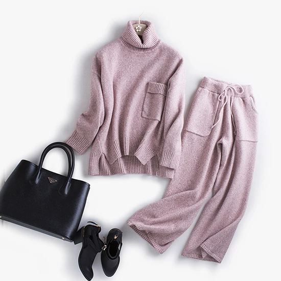 new fahion cashmere wool blends knit women turtleneck sweater suits pullover wide leg pant 2pcs/set one&over size new fahion cashmere wool blends knit women turtleneck sweater suits pullover wide leg pant 2pcs/set one&over size