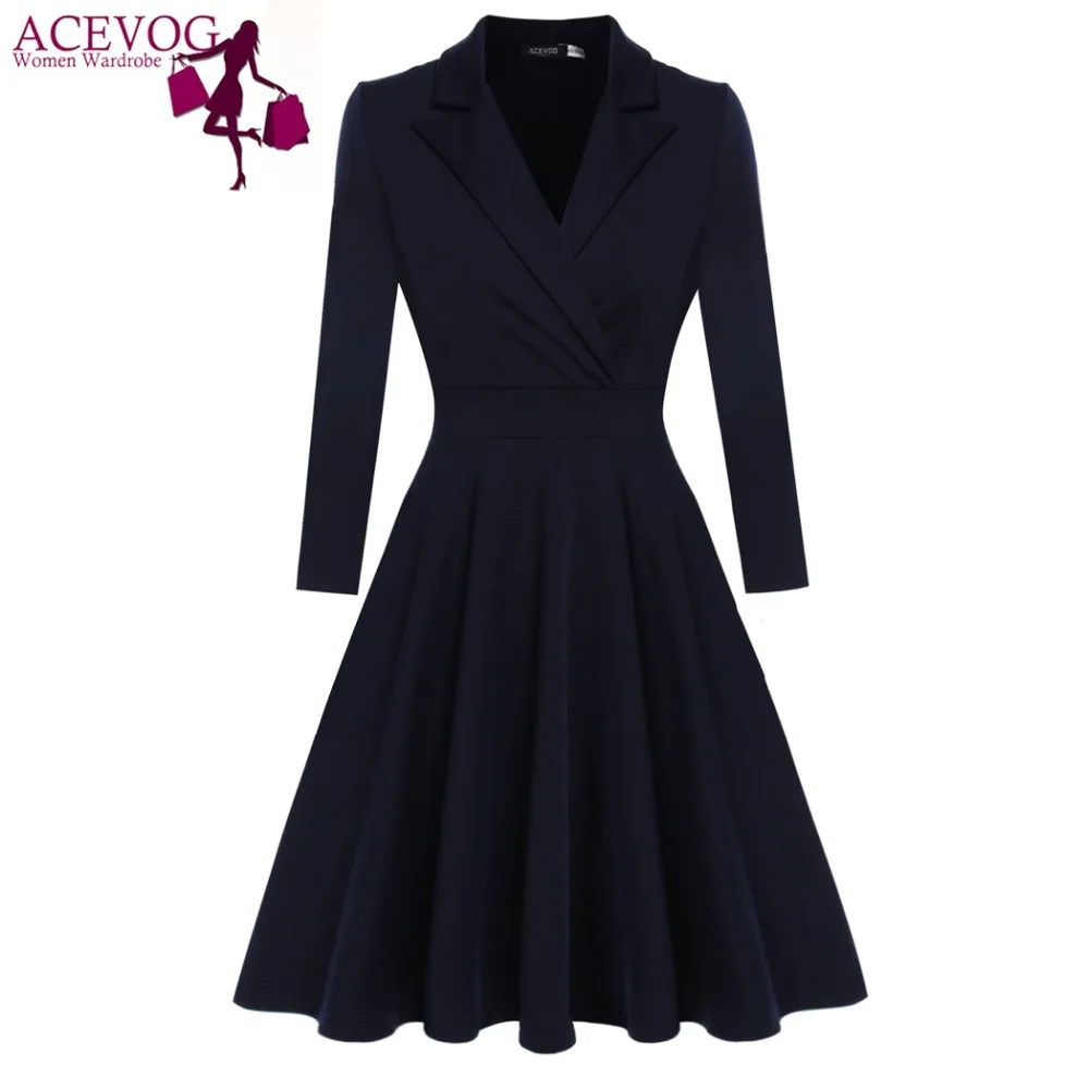 Acevog Women Casual Dress Vestido De Festa Autumn Winter Elegant Party Dresses Vintage Retro Big Swing Dress S, M, L, Xl