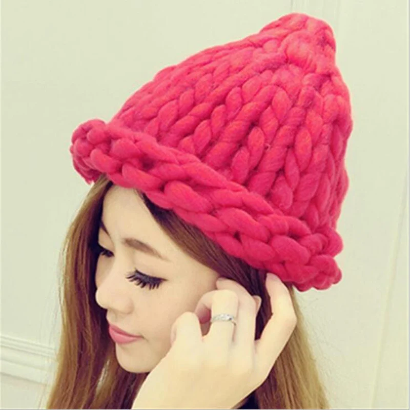 

2016 Winter Hats For Women Handmade Large Knitting Cap For Women Candy Color Beanie Crochet Caps Women Accessories