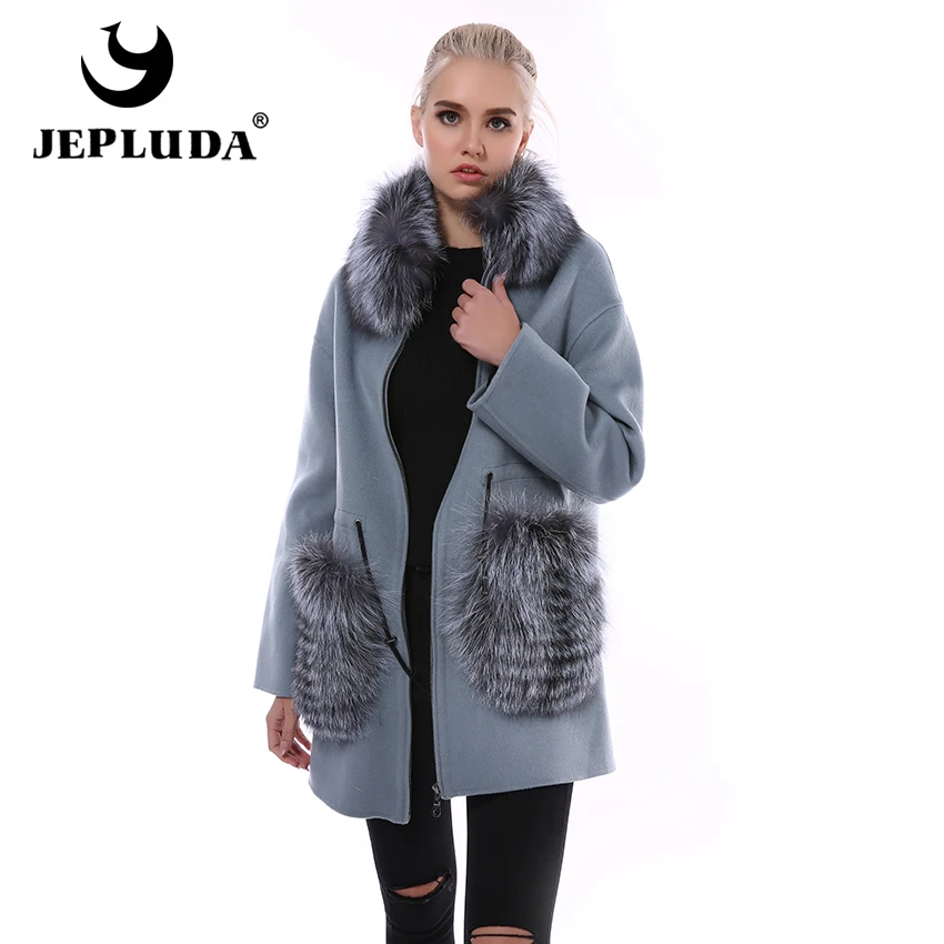 JEPLUDA Высокое Содержание Кашемировое Пальто Из 100% Шерсти Натуральной с Меховой