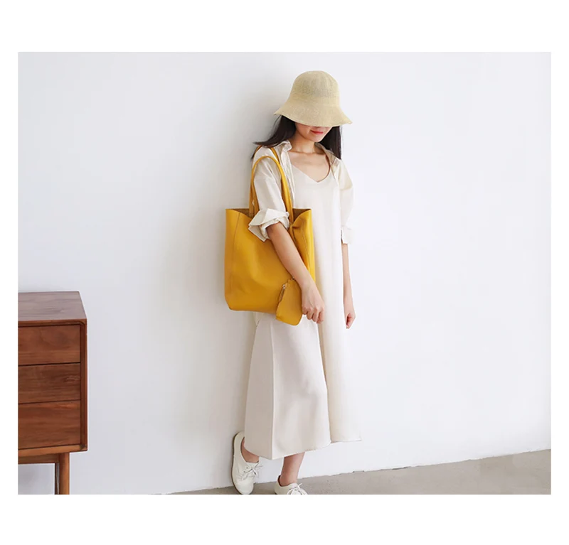 Women Luxury Bag Casual Tote Female Lemon Yellow Fashion Shoulder Handbag Lady Cowhide Genuine Leather Shoulder Shopping Bag