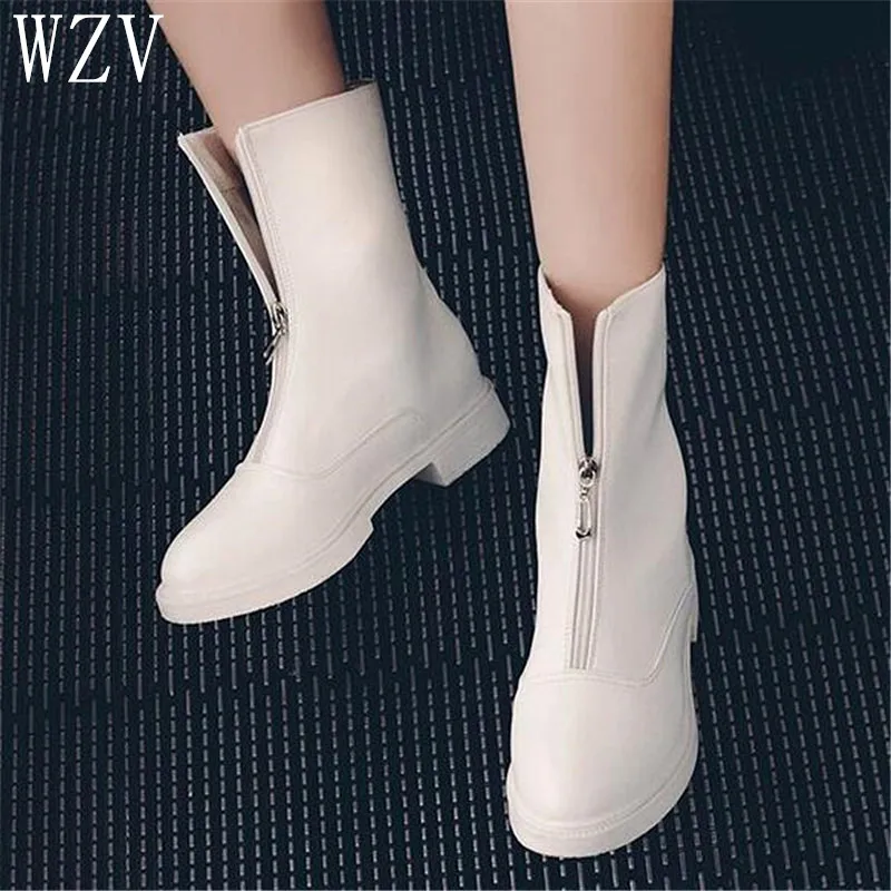 

Winter 2019 New Front Zipper Motorcycle Boots Women British Style Ankle Boots Gothic Punk Low Heel Ankle Boot Women Shoes
