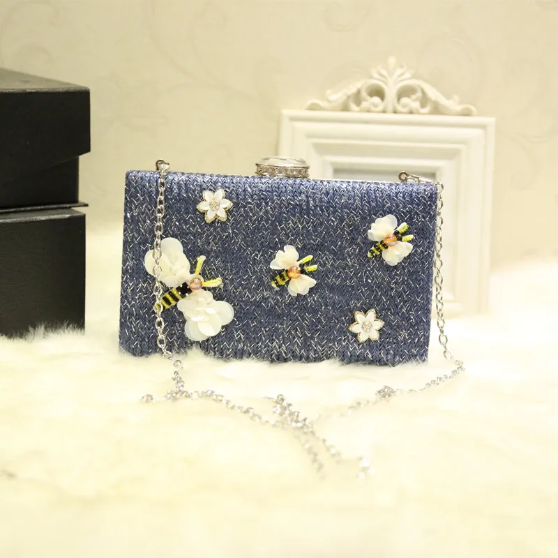 

Weaving dinner bag dress handbag chain solid color butterfly flower fashion small square hand diagonal simple