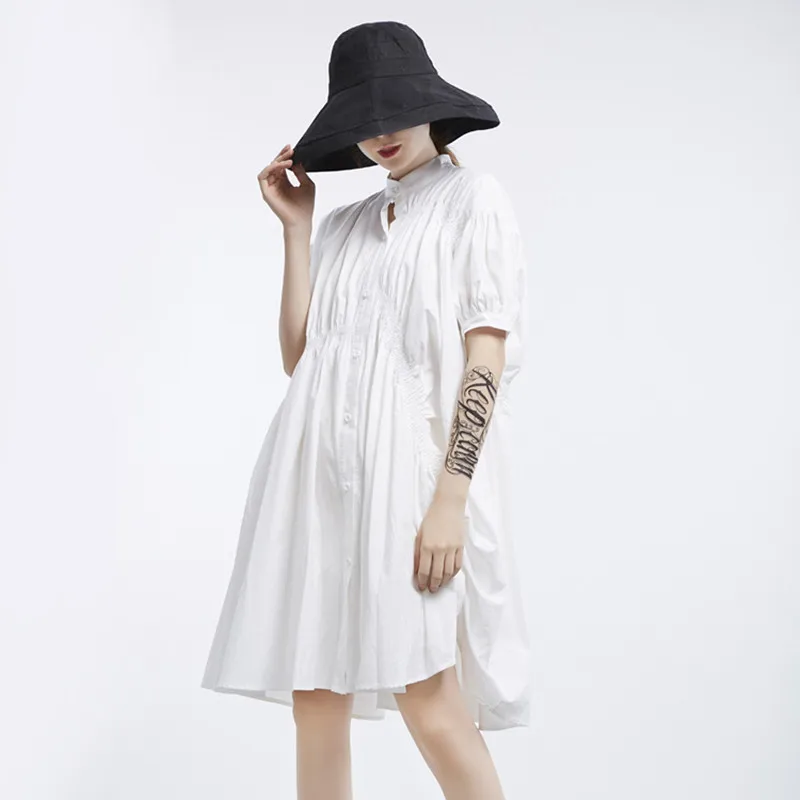 

Johnature Lartern Sleeve 2019 Fashion Irregular Empire Asymmetrical Pleated Dress New Summer Solid Color Knee-length Women Dress