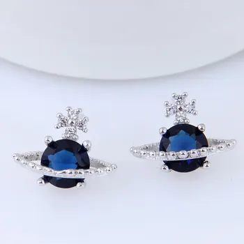 

new Blue Zirconia stone Saturn Star Stud Earrings Copper material silver needle women Girl Earrings