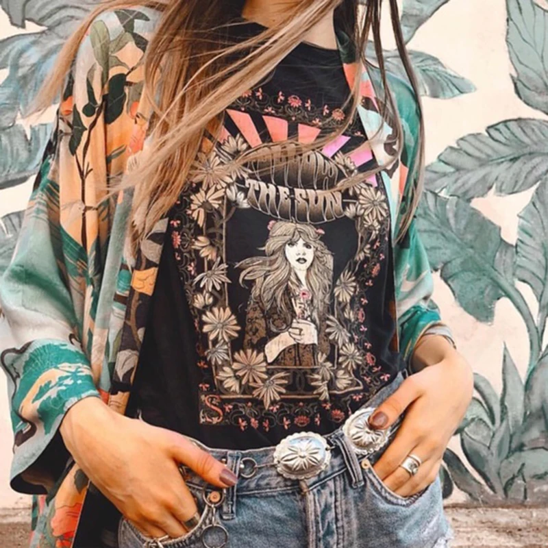 

KHALEE YOSE Black Summer 2019 Boho Chic Women Shirt Top Blouse Cotton Short Sleeve Print Tops Follow The Sun Tee Pullover Tee