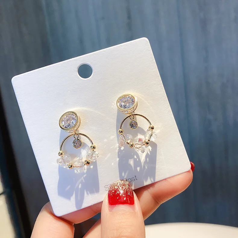 

Korea 925 Silver Needle Temperament Crystal Circle Earrings Rhinestone Small Sweet Female Women Tassel Stud Earring Jewelry