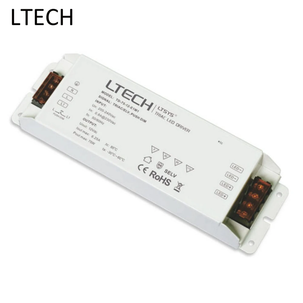 

LTECH DC12V 6.25A 75W Output Constant Voltage Led Triac Dimmable Driver TD-75-12-E1M1 AC200-240V Input Push Dim For Led Lights