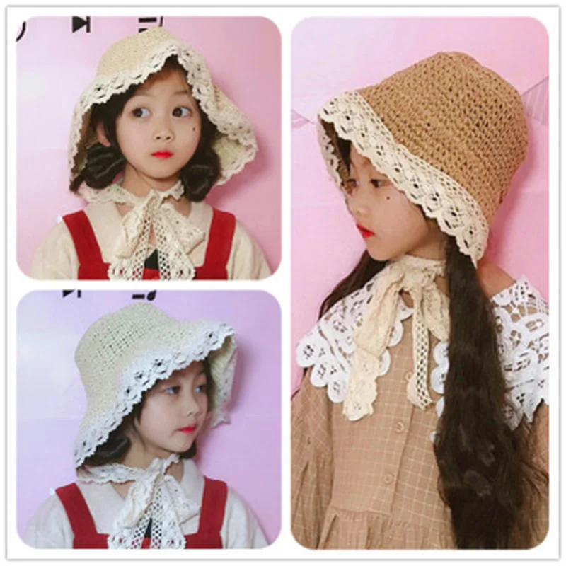 أزياء الفتيات الصيف واسعة حافة قبعة الشمس اليدوية شريطة من الدانتيل القوس قبعات من القش الفتيات قبعات من القش الصيف قبعات للحماية من الشمس ل...