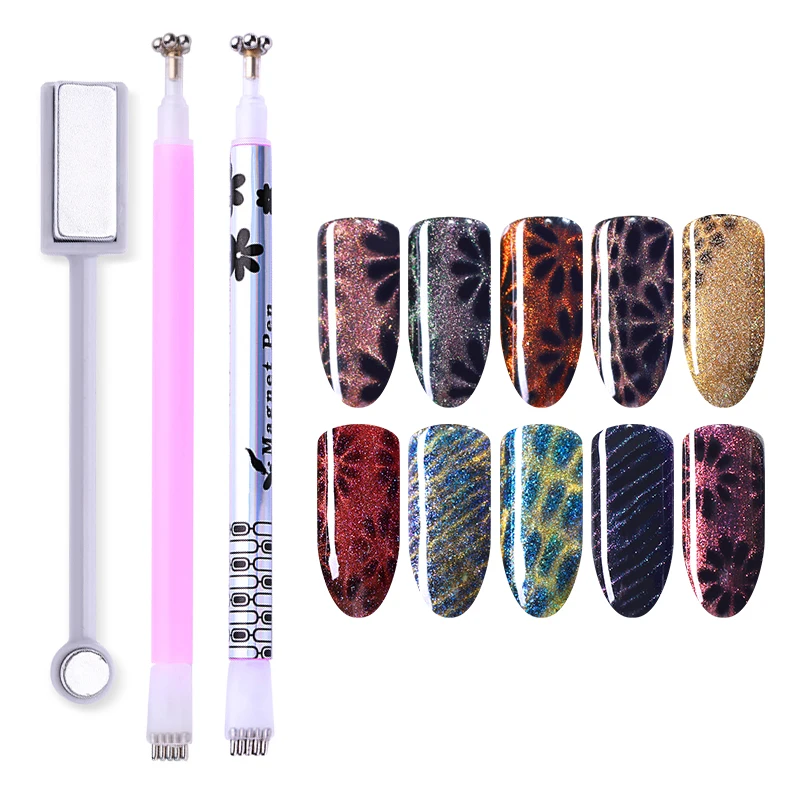 

2 Pcs Nail Art Dual-ended Cat Eye Magnet Pen Flower Stripe Grid for DIY 3D Magnetic UV Gel Polish Manicure Magical Stick Tools