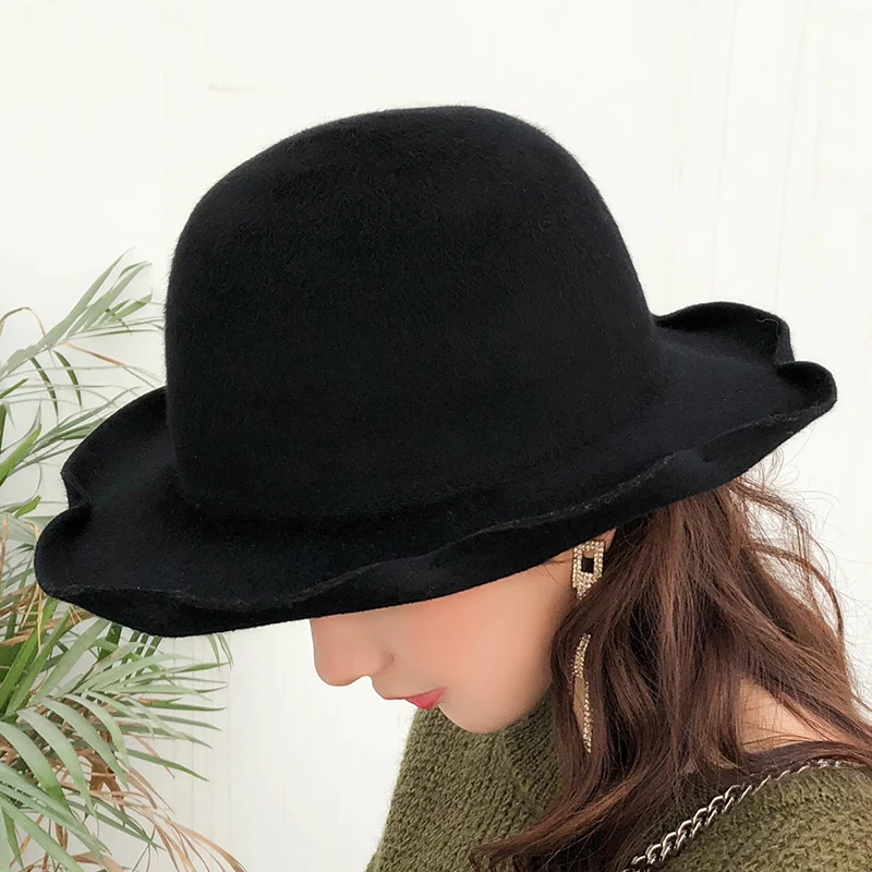 

New Fashion Female Fedoras Wool Brushed Felt Hat Solid Color Curl Brim Dome Fedora Hats for Women Winter ArmyGreen Hat