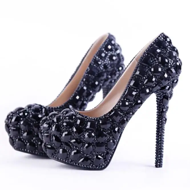 12CM14CM super high heel platforms black pumps shoes woman sexy luxury crystal pumps for woman lady party dinner shoe black