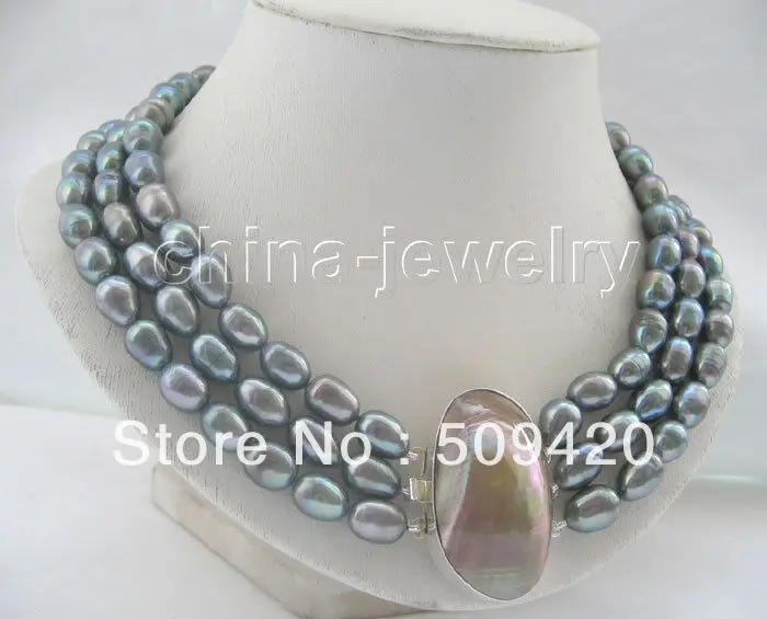 

~~ Free Shipping >>17-19" 3row 11-13mm peacock green baroque FW pearl necklace