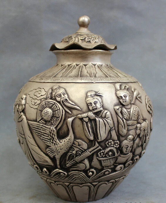 

S4982 8" Chinese Silver Buddhist BaXian GuoHai Fly Crane Shou Peach Statue Jar Pot D0317