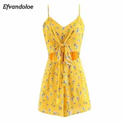 Efvandoloe богемный Playsuit желтая с цветочным принтом Комбинезон v-образным вырезом слинг Комбинезоны для малышек 2018 Комбинезоны для женщин