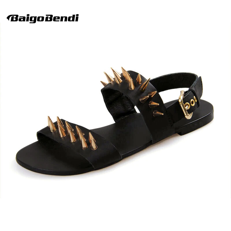 Clearance Sale US 10 Men Genuine Leather Metal Thongs Roman Style Gladiator Summer Beach Rivet Sandals Man Punk Shoes