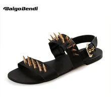 Clearance Sale US 10 Men Genuine Leather Metal Thongs Roman Style Gladiator Summer Beach Rivet Sandals Man Punk Shoes