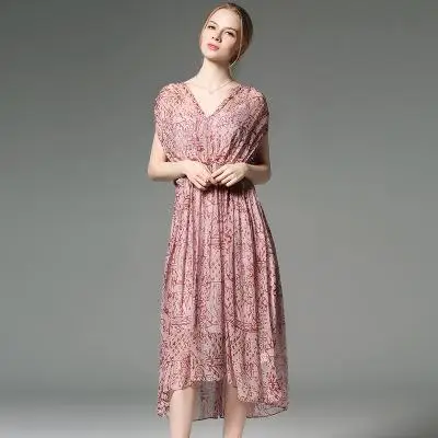 Печать шелковых платьев с короткими рукавами в Европе и Америке - Цвет: Розовый