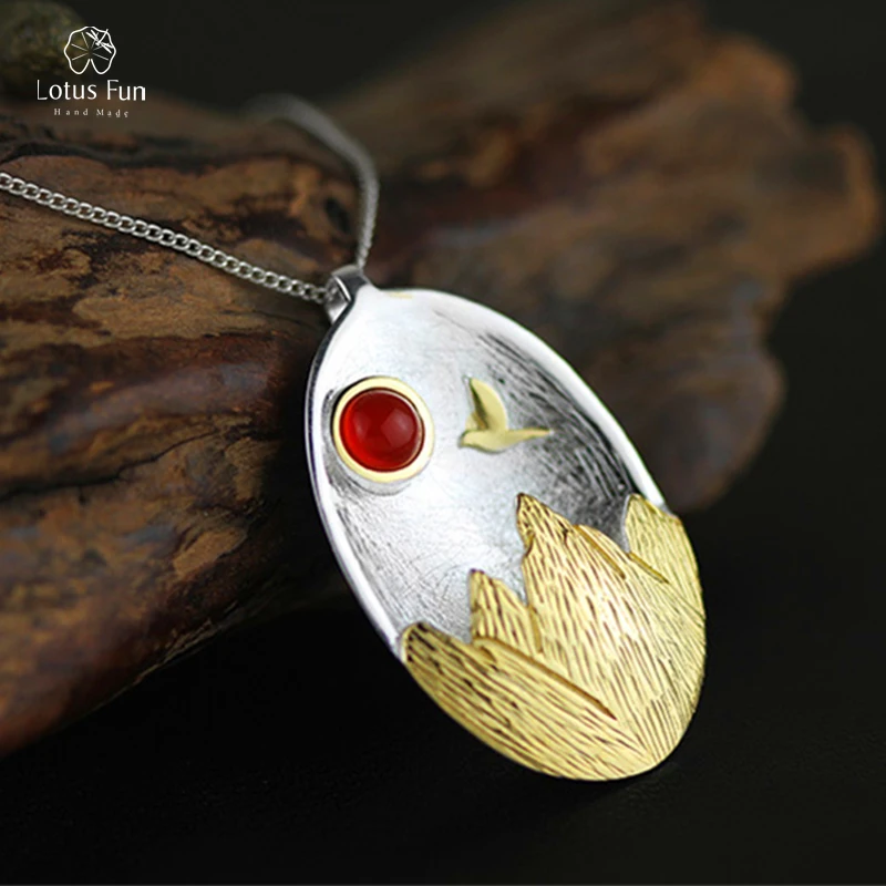 

Lotus Fun Brand 925 Sterling Silver Pendant for Women Natural Red Agate Unique Sunset Oval Pendants without Chain Fine Jewelry
