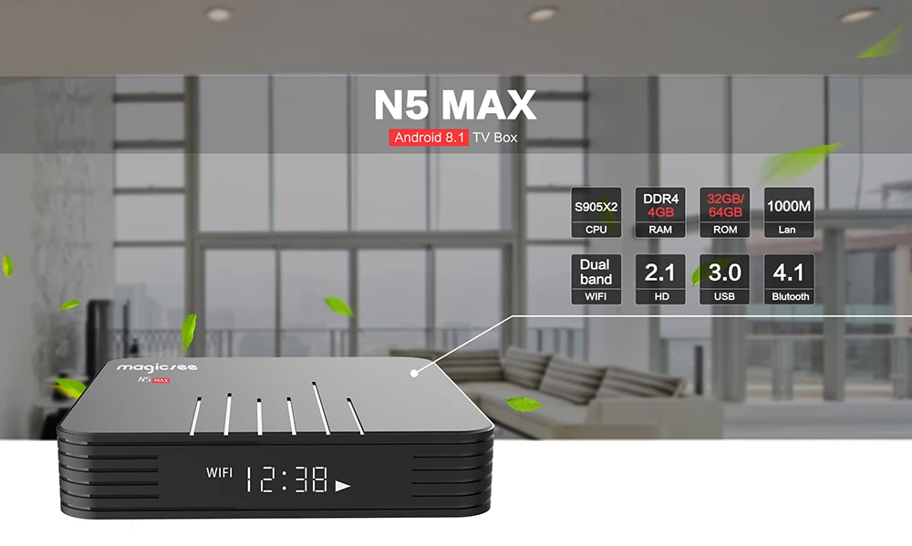MAGICSEE N5 MAX Android ТВ Box Amlogic S905X Android 8,1 4 Гб Оперативная память 32 GB/64 GB Встроенная память 2,4G+ 5G Wi-Fi 1000 Мбит/с BT4.1 4 K смарт ТВ коробка