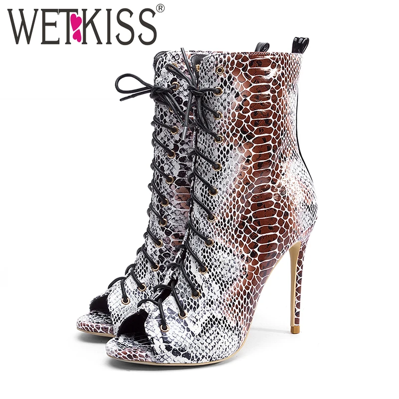 

WETKISS Snake Print Women Boots Peep Toe Thin High Heels Footwear Fashion Ankle Boots Sexy Party Female Shoes 2019 Spring New