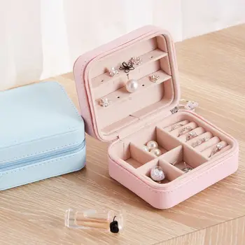 

Zipper Travel Jewelry Box Portable Leather Earrings Rings Jewelry Storage Case