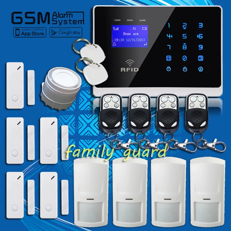 

Free Shipping!IOS/Android App LCD Wireless GSM SMS TEXT Touch Keypad Menu screen Alarm System RFID+NEW 4 PCS PIR+5 Door sensor
