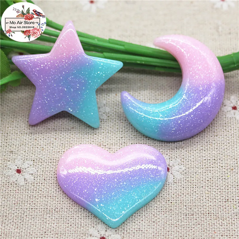 10pcs/20pcs star/unicorn/heart/Crescent Bright powder shiny Resin Flackback Cabochon Art Supply Decoration Charm Craft