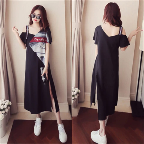 

Fashion Plus Size Strapless Dress Irregular Slash Neck Korean Open Side Split Dresses Lovely Ankel-length Robe
